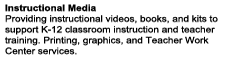 Instructional Media Providing instructional videos, books, and kits to support K-12 classroom instruction and teacher training. Printing, graphics, and Teacher Work Center services.