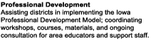 Professional Development Assisting districts in implementing the Iowa Professional Development Model; coordinating workshops, courses, materials, and ongoing consultation for area educators and support staff. 
