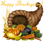 Happy Thanksgiving with a cornucopia filled with pumpkins, squash, carrots.